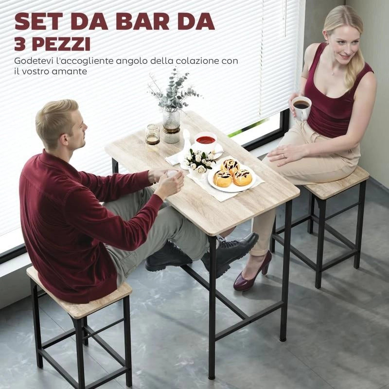 ARREDAMENTO BAR 3 PEZZI CON TAVOLO DA CUCINA E 2 SGABELLI DA BAR IN LEGNO E ACCIAIO, COLOR LEGNO E NERO