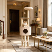 Albero tiragraffi per gatti in beige con sisal, piattaforme e cuccia, 148 cm