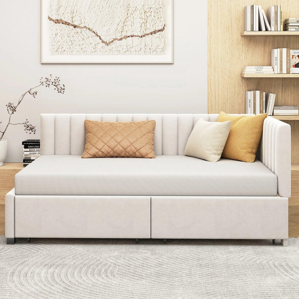 Letto Contenitore Imbottito ¨C MINIMAL ¨C Velluto Beige, 90x200, 2 Cassetti, Rete a Doghe
