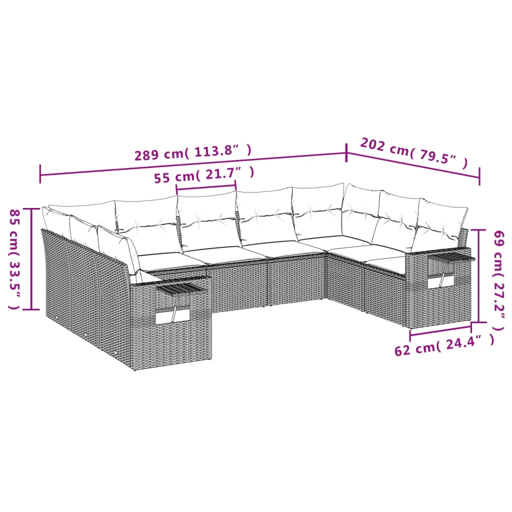 Set Divano da Giardino 9pz con Cuscini Grigio Chiaro Polyrattan