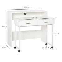 Tavolo Scrivania Salvaspazio per Camera e Ufficio, Scrivania con Cassetti e Ruote, Postazione di Lavoro Doppia o Singola, 100x36x88cm, Bianco