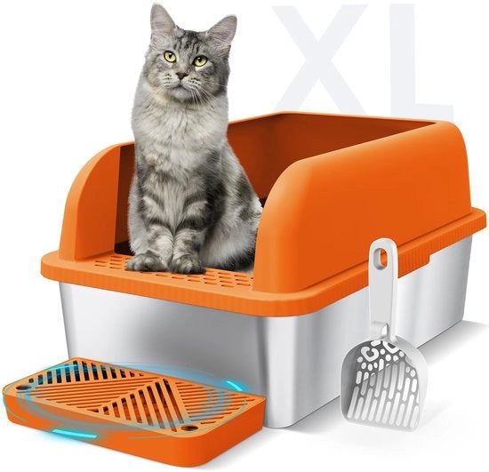 Cassetto per gatti in acciaio inossidabile con coperchio, grande cassetto per gatti grandi, cassetto per gatti XL con bordi alti, bordo, impermeabile, facile da pulire, (arancione), capacità 30 litri, 60 x 40 x 45 cm, peso 5 kg.