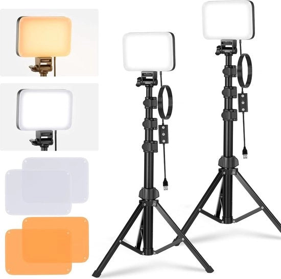 Pannello di Illuminazione Video LED Kit 2 pezzi a Doppia Colorazione Regolabile con Piedini e Filtri 3200K ~ 5600K CRI 95 750lux per Fotografia Video Ripresa Streaming in diretta