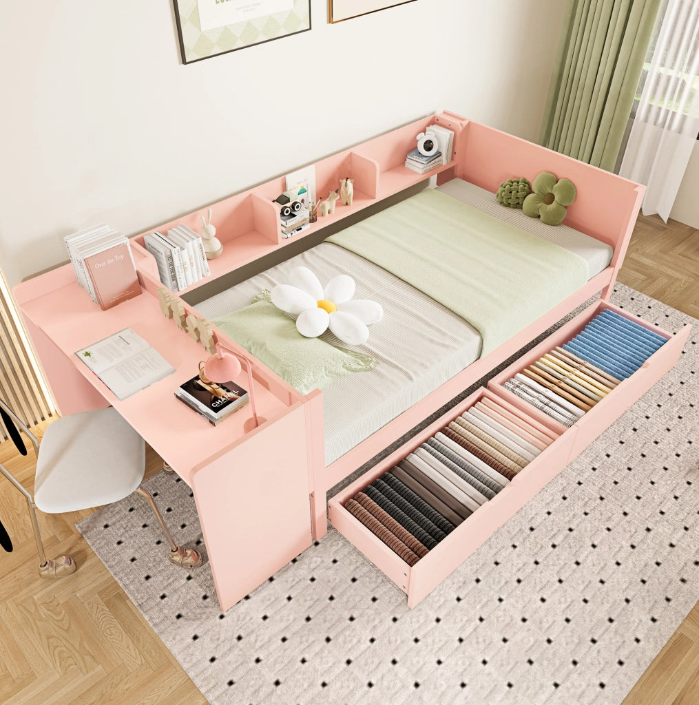 Letto singolo 90x200 cm rosa con scrivania, 2 cassetti e 3 ripiani