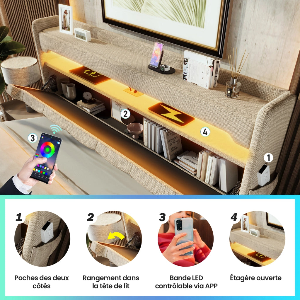 OKWISH Letto Contenitore 140×200 cm, Letto Matrimoniale con LED 360°, USB, Tipo C e Testiera con Vano Portaoggetti, senza Materasso, Lino, Beige