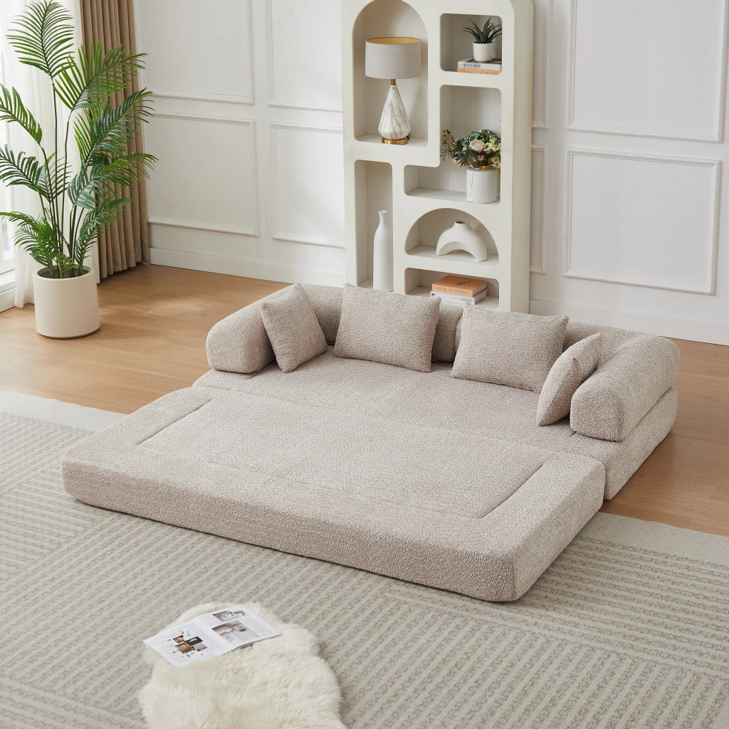 Divano letto modulare 4 in 1 in ciniglia khaki con schienale regolabile 4 cuscini e base antiscivolo