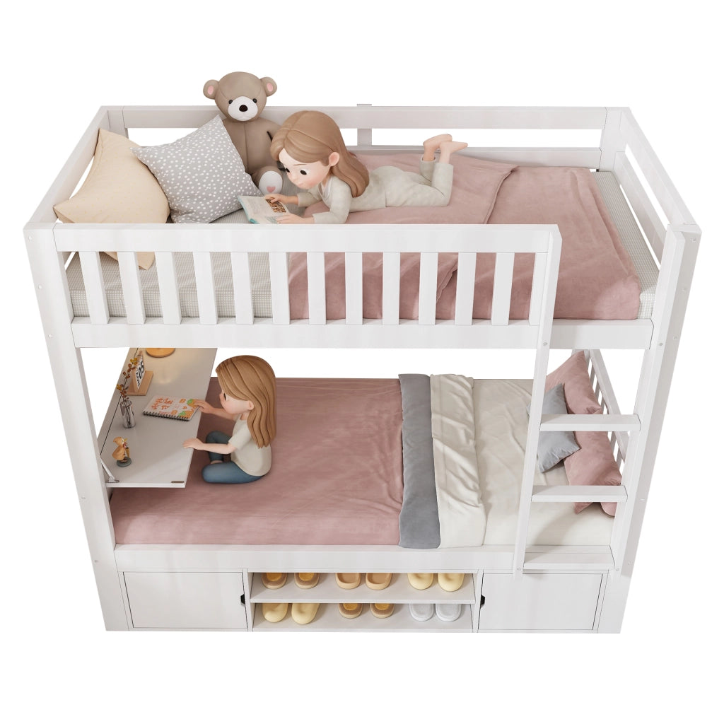 Letto a castello per bambini 90 × 200 cm con tavolo pieghevole, scarpiera e armadi, senza materasso