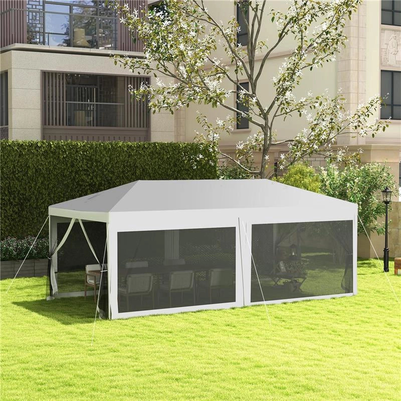 GAZEBO DA GIARDINO PER FESTE CON 6 PARETI RIMOVIBILI A ZANZARIERA, 582X295X255CM, BIANCO