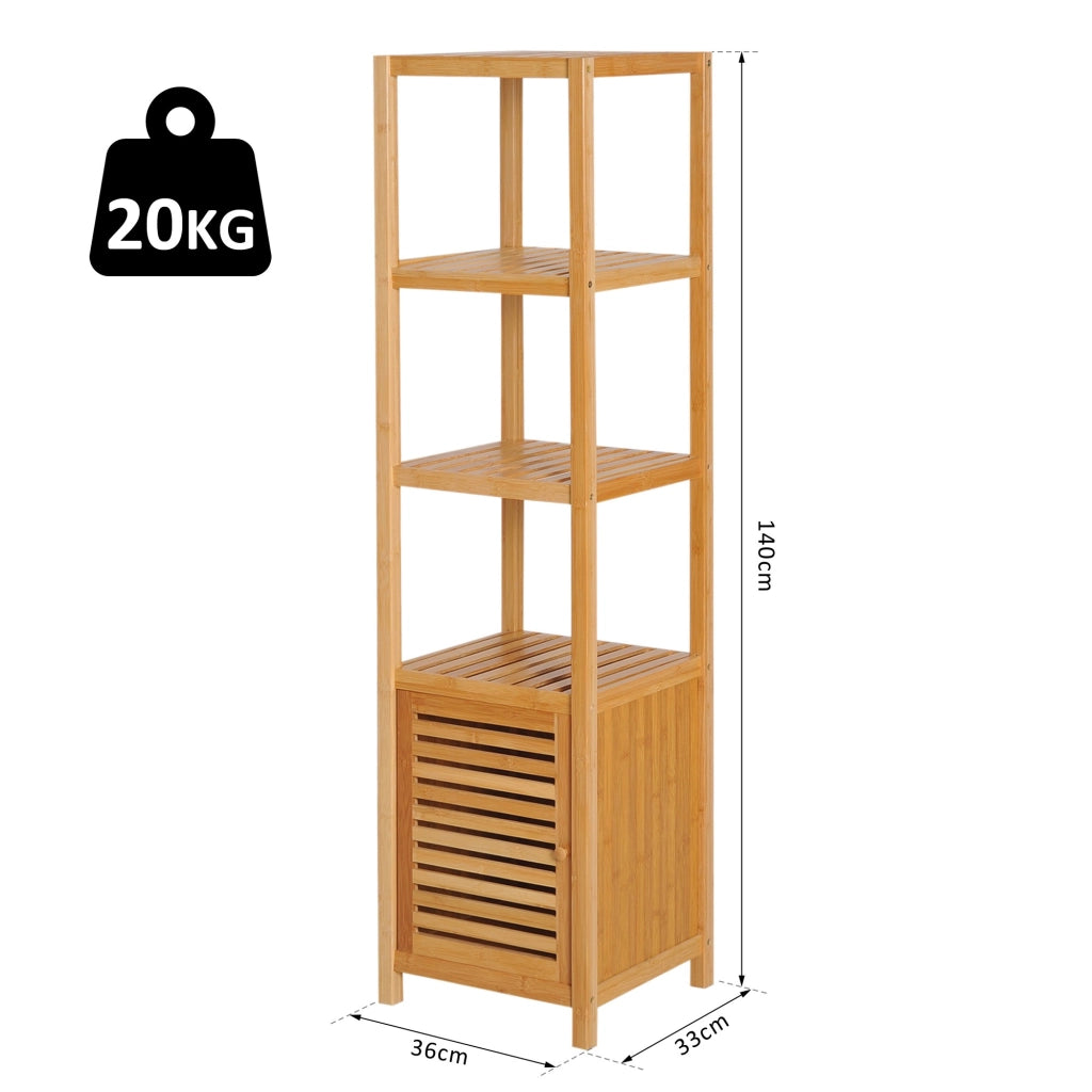 EasyComfort Mobile Alto Bagno/Terrazzo, Scaffale a Torre in Bambù 4 Ripiani + Armadietto con Anta, 36x33x140cm, Color Legno