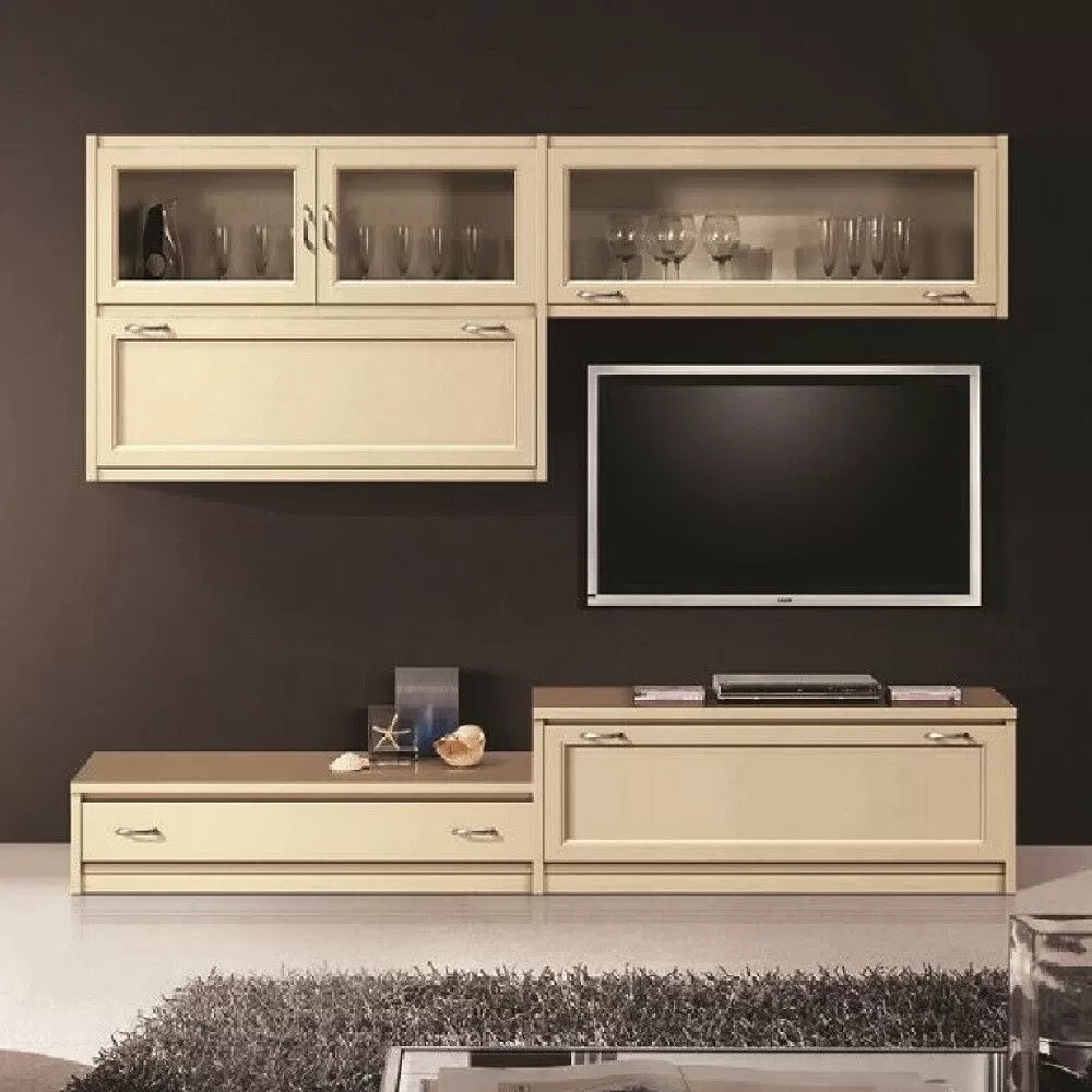 Parete attrezzata in legno shabby chic avorio 209x36/60x200 - Mobili 2G