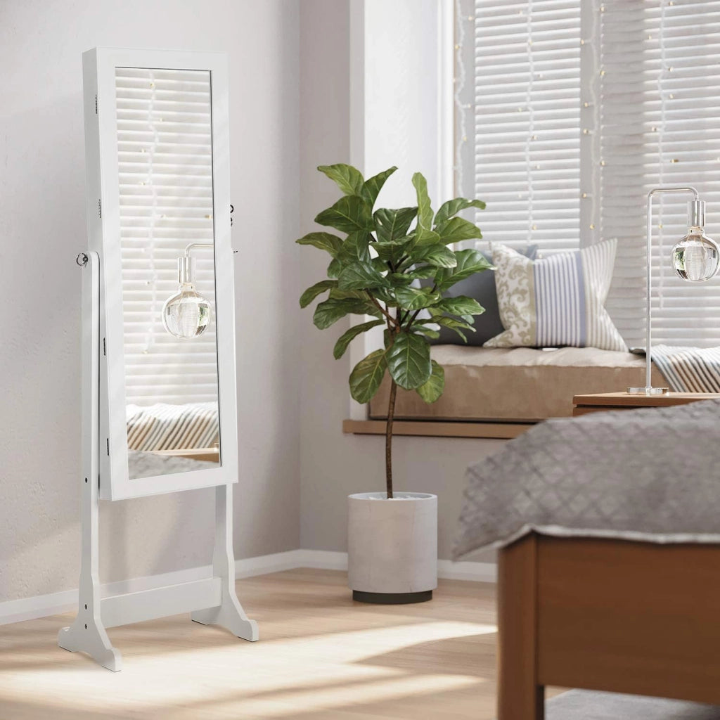 SONGMICS Armadio Portagioie con Luce a LED, Specchiera, Armadietto per Gioielli Bloccabile con Chiavi, 2 Cassetti, Bianco JBC94W