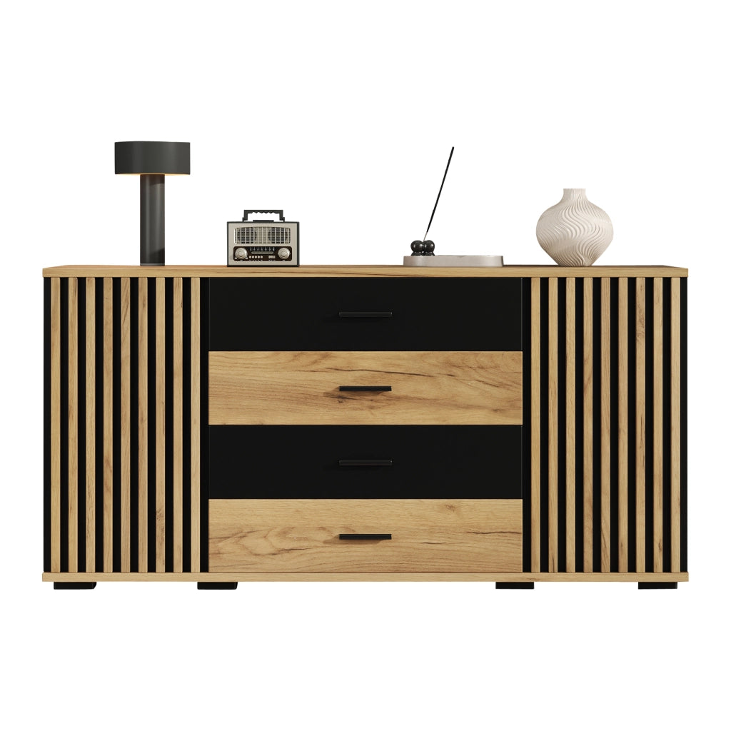 Credenza con 4 cassetti e 2 ante con ripiani regolabili; finitura effetto rovere e nero per soggiorno; 140×35×70 cm