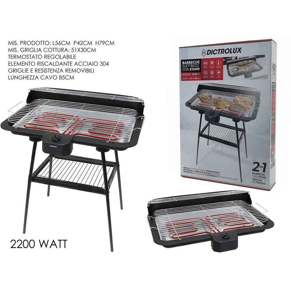 Trade Shop - Barbecue Elettrico Con Stand Griglia Da Tavolo 2in1 2200w Termostato Regolabile Grigliata -