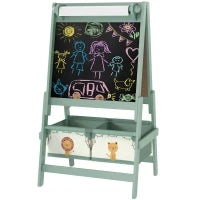 Lavagna per Bambini 3 in 1 con Cavalletto, Rotolo di Carta e 2 Cestelli, in Legno, 54x46x94 cm, Verde