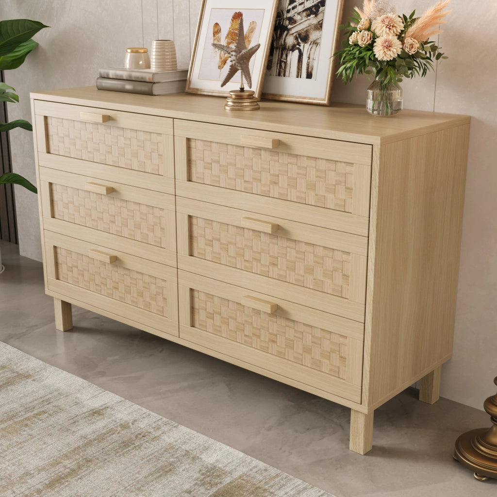 Credenza con 6 Cassetti; Frontali Effetto Rattan; Stile Naturale; in Pannello di Truciolare; 120??40??75 cm; Naturale