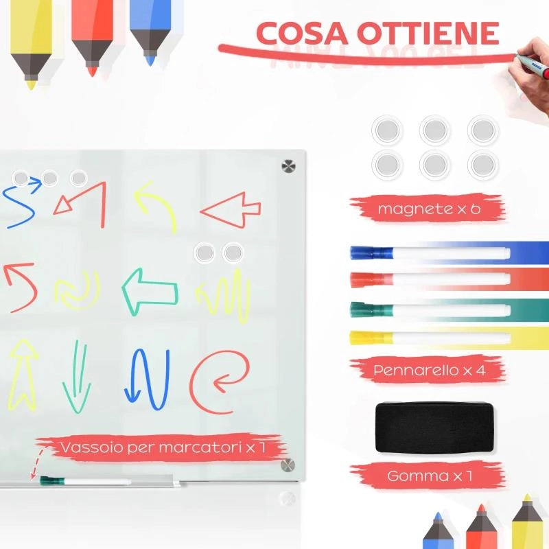 LAVAGNA BIANCA IN VETRO E ALLUMINIO CON 4 PENNARELLI COLORATI E CANCELLINO, 90X60X0.4 CM