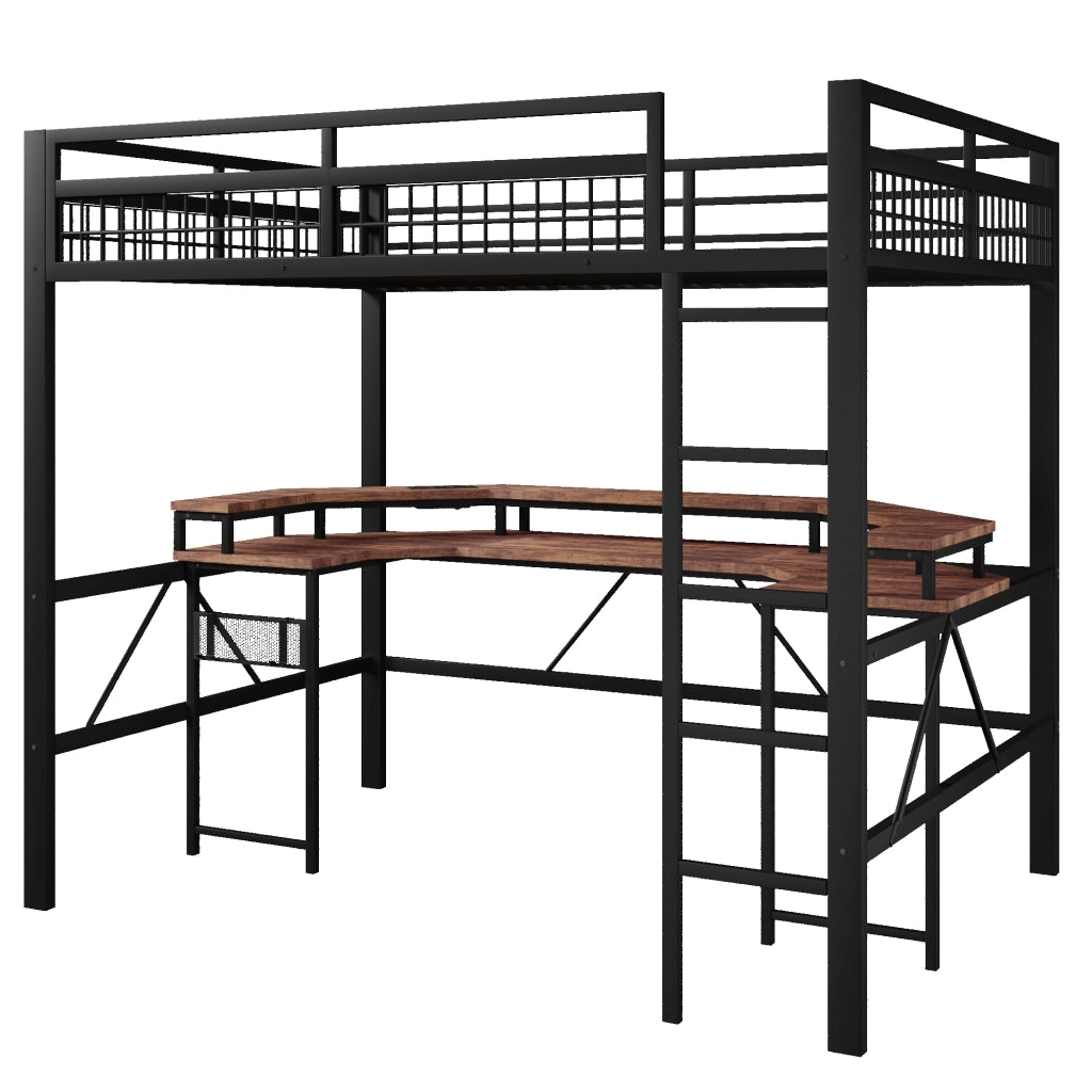 DESMIU Letto a soppalco 2 posti con scrivania, LED, USB, Type-C e 2 prese 140 × 200 cm, senza materasso
