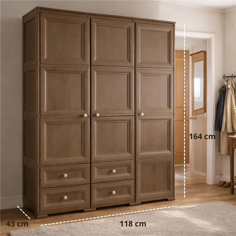 ARMADIO 3 ANTE CON 2 APPENDIABITI E 4 CASSETTI MARRONE, GUARDAROBA MULTIUSO CON RIPIANI E VANI APERTI, 118 X 43 X H 164 CM