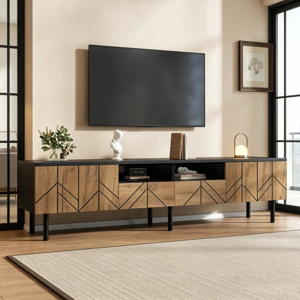 Mobile TV con 2 cassetti e 2 ante; per soggiorno; in pannello truciolare; nero e naturale; 180 × 40 × 45 cm