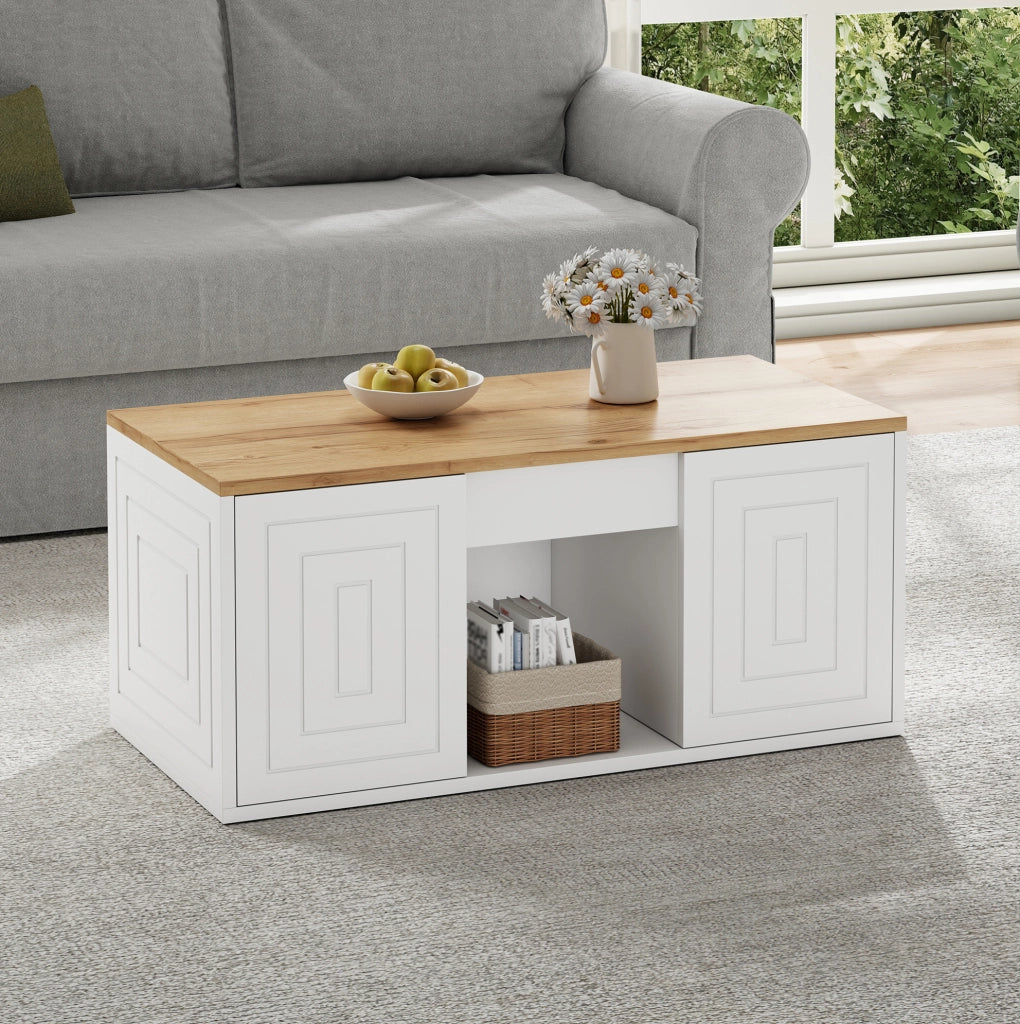 Tavolino da salotto 46x95x45 cm; regolabile in altezza con ampio spazio contenitore; pannelli truciolari bianco e naturale