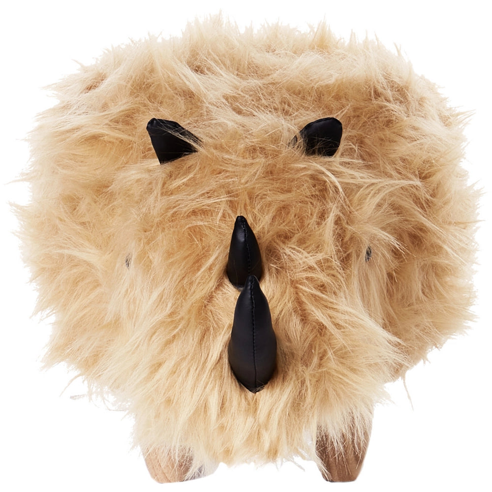 Sgabello per bambini con animali Rhino Sand Beige Pelliccia sintetica con gambe in legno imbottite Poggiapiedi per la cameretta dei bambini