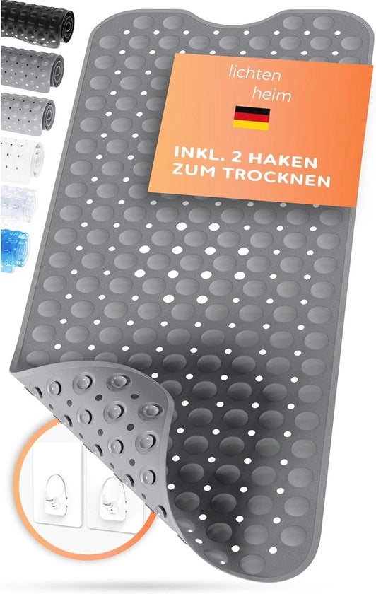 Matte antiscivolo sensibile 100 x 40 cm inclusa 2 ganci in materiale BPA-free e schiacciato resistente all'umidità, lavabile, colore grigio topo
