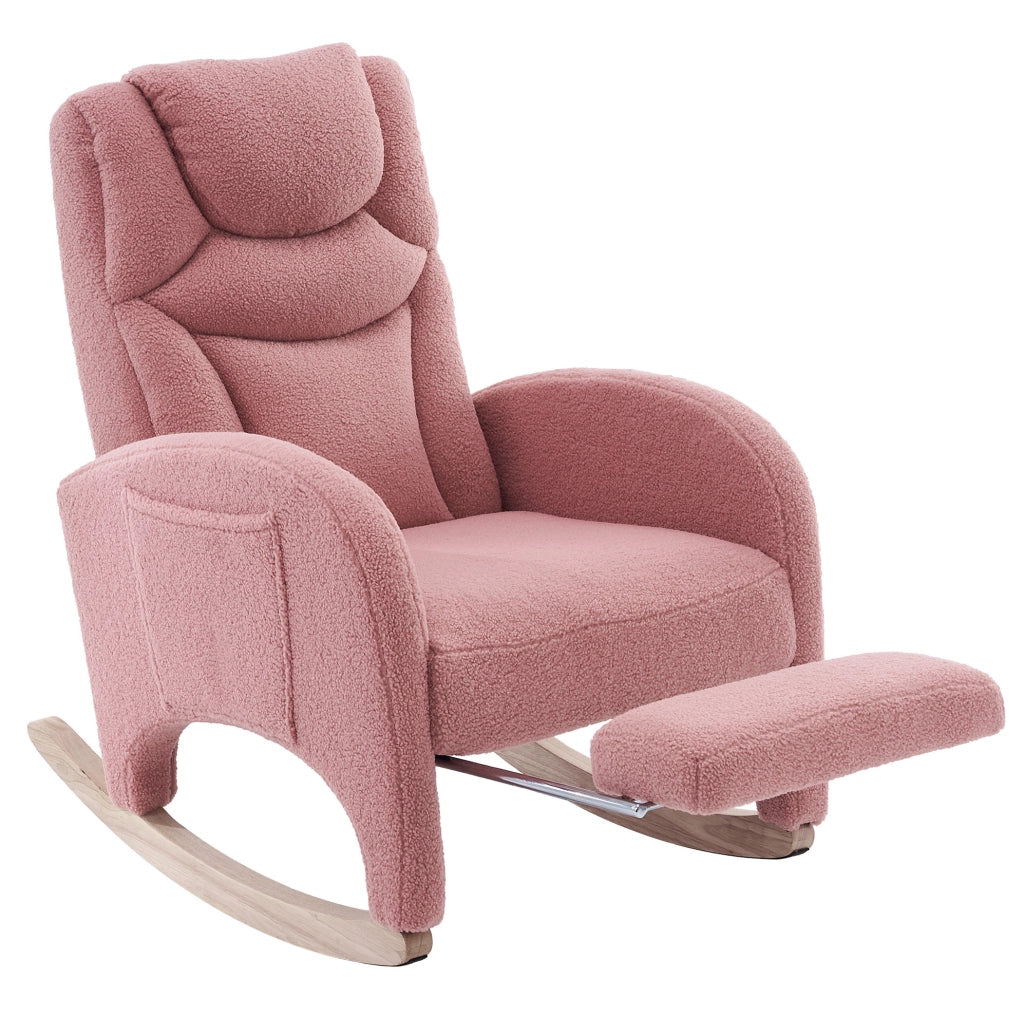 Poltrona a dondolo rosa in tessuto Teddy con poggiapiedi