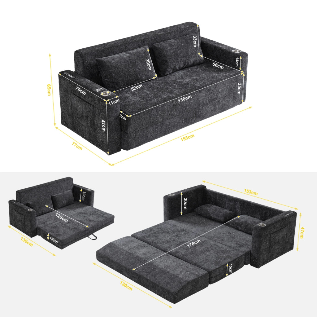 Divano letto 2 in 1 pieghevole con USB; porta bicchieri e tasche laterali; nero e grigio