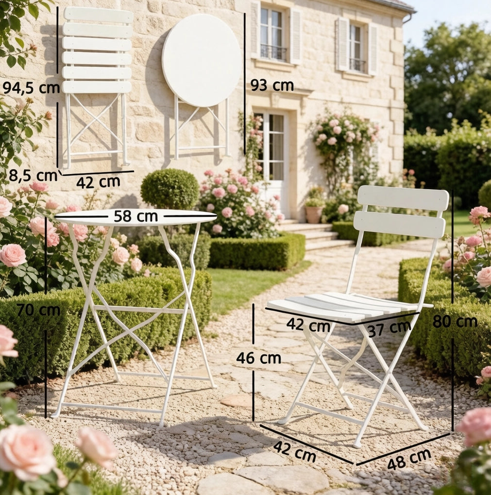 Set da bistrot da giardino pieghevole 3 pezzi in metallo; crema
