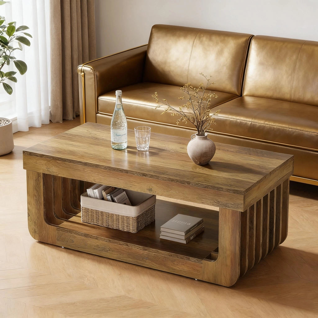 Tavolino basso con ripiano inferiore e vani aperti, stile rustico, per soggiorno, in MDF marrone, 120 × 60 × 45 cm