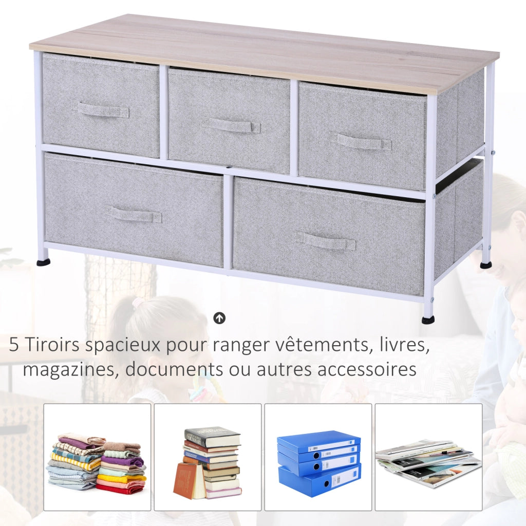 Cassettiera con 5 Cassetti ¨C Zephmum ¨C Grigio Bianco Legno Acciaio 100x30x54