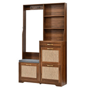 Mobili da ingresso con panca; 3 ribalte porta scarpe; cassetto; ganci e ripiani; in MDF; colore noce