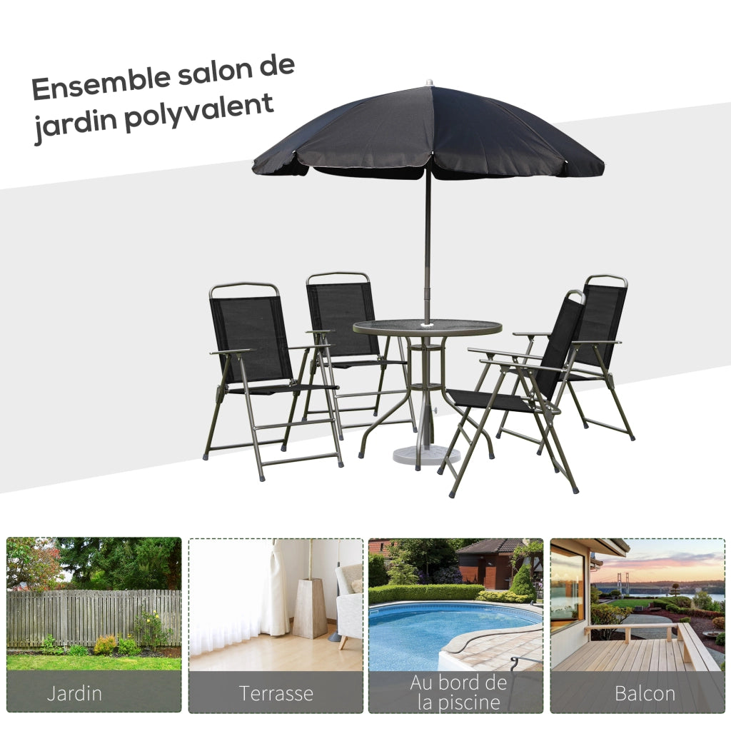 Set giardino 6 pezzi con tavolo rotondo, 4 sedie pieghevoli e ombrellone ¨C zephmum ¨C nero, metallo, tessuto