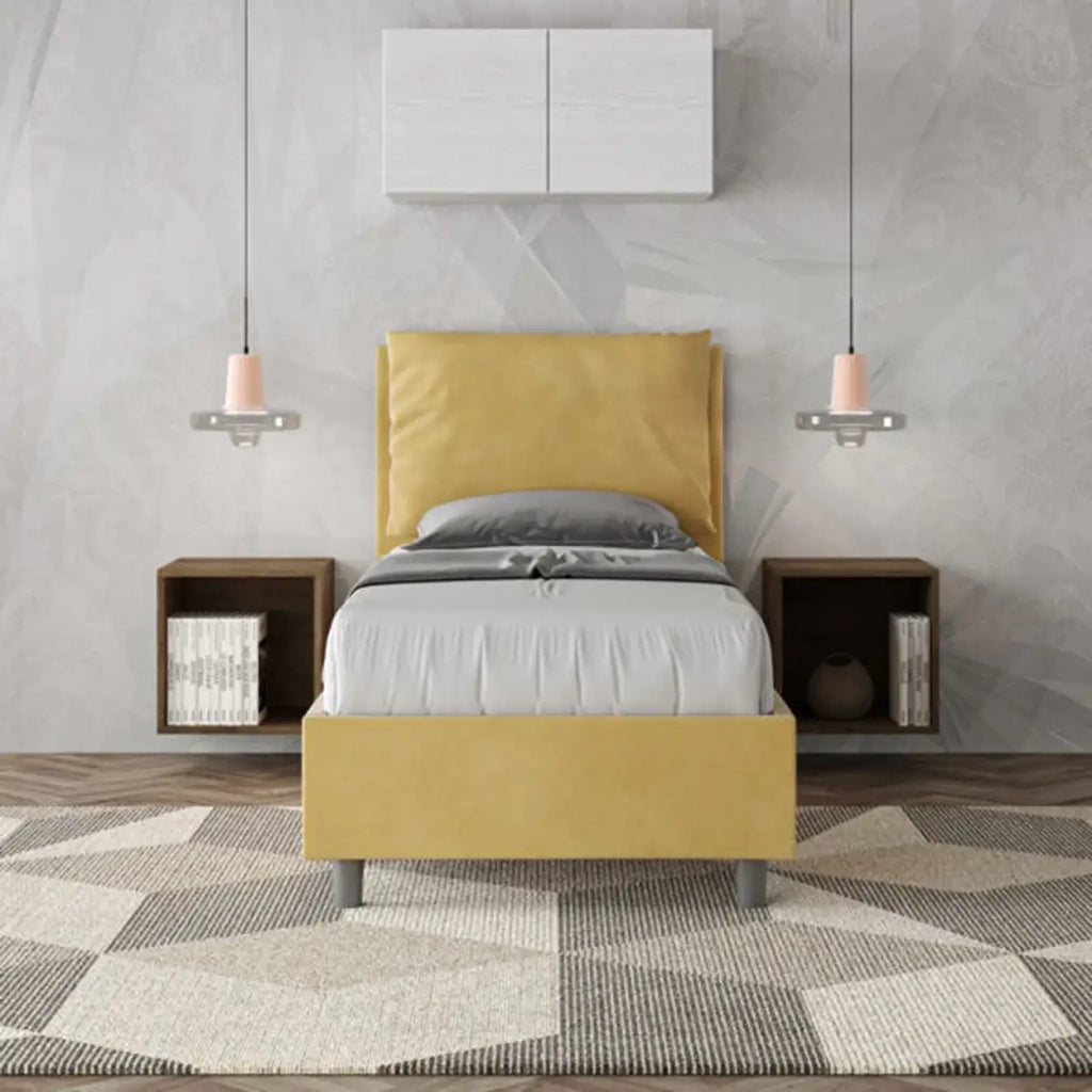 Letto singolo con rete imbottito 80x210 microfibra ocra Antea