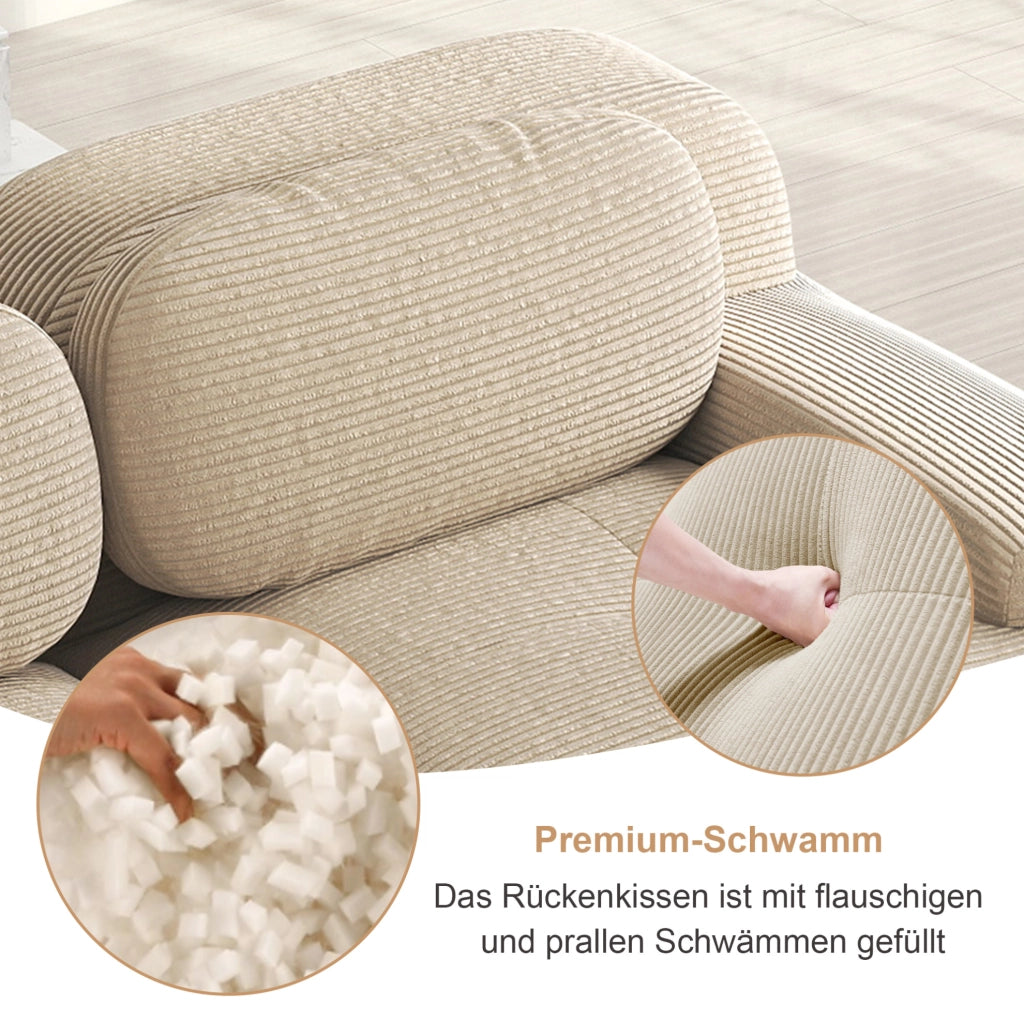 Divano angolare modulare in corduroy beige; design senza telaio con chaise longue e base antiscivolo