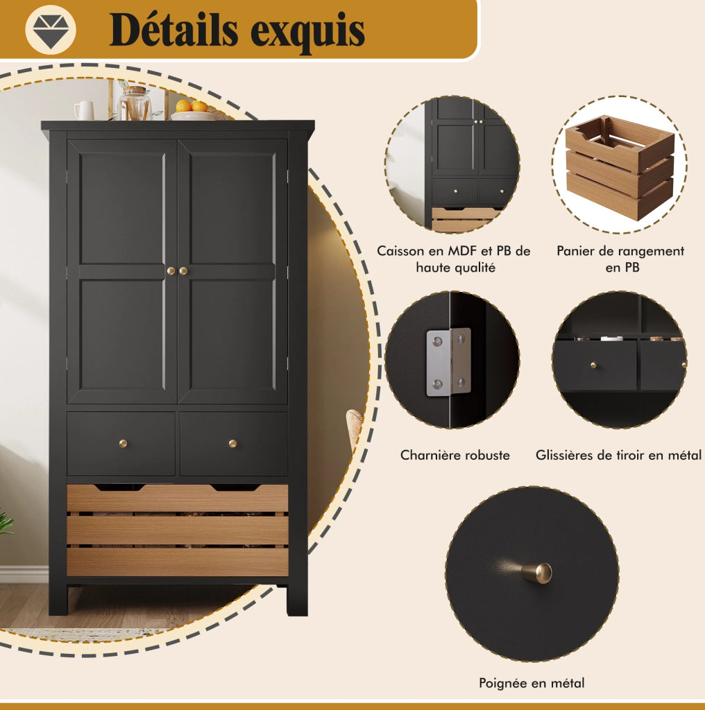Buffet alto multiuso 80x40x140 cm con 2 porte e 5 cassetti, nero e bianco, in MDF e metallo