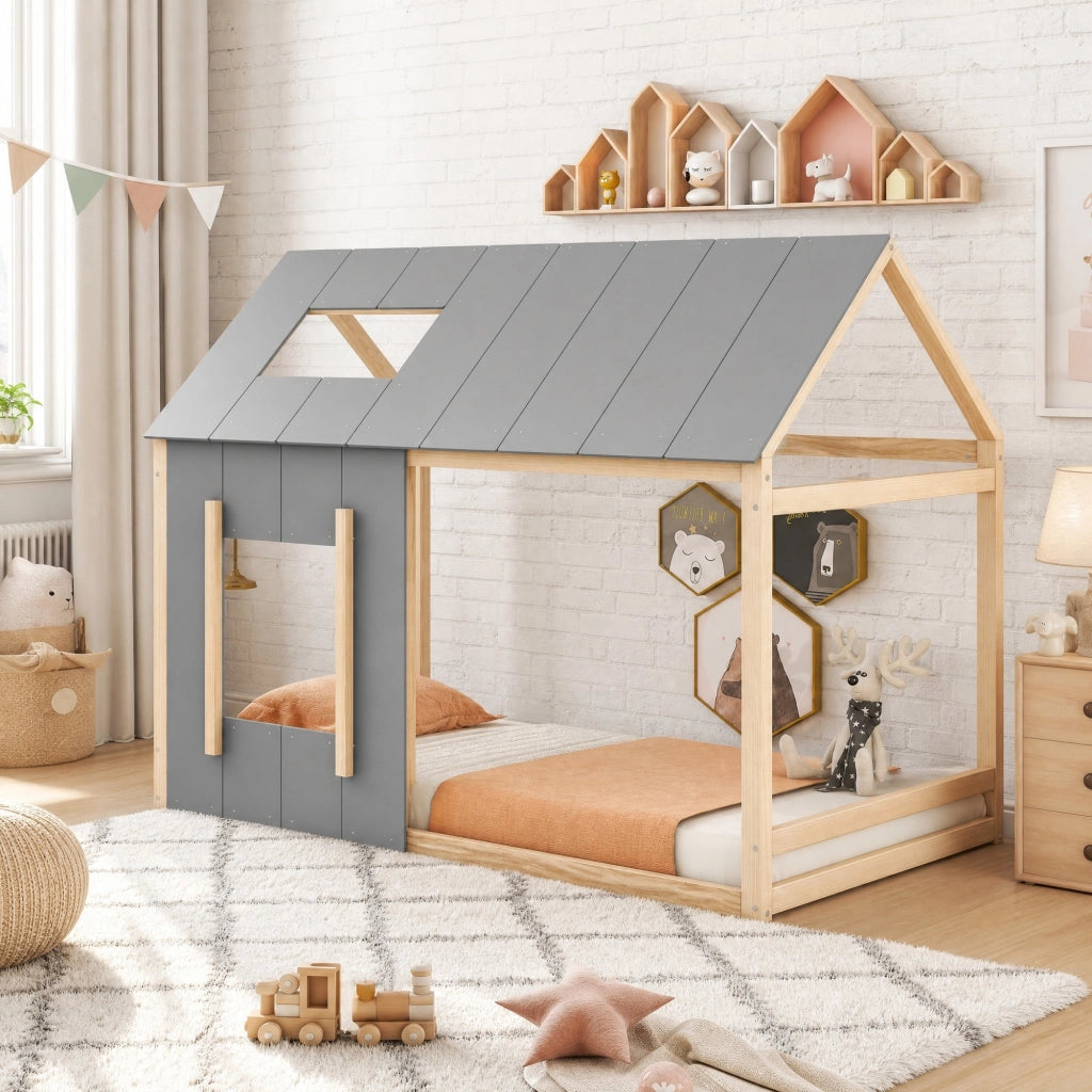 Letto per bambini a forma di casa 90 x 200 cm in pino e MDF, colore naturale, con tetto e finestra