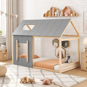 Letto per bambini a forma di casa 90 x 200 cm in pino e MDF, colore naturale, con tetto e finestra