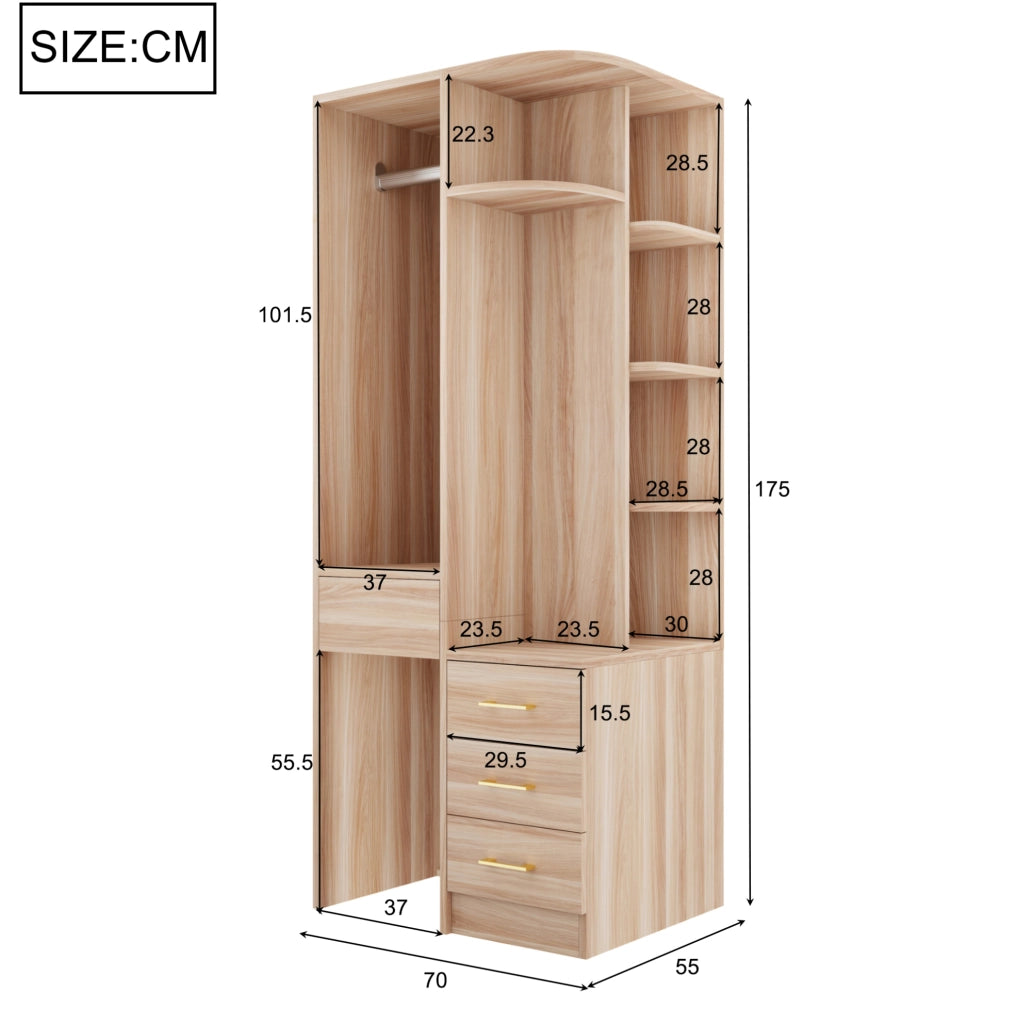 Armadio con ripiani aperti e scomparti chiusi 70 x 55 x 175 cm in MDF; colore legno