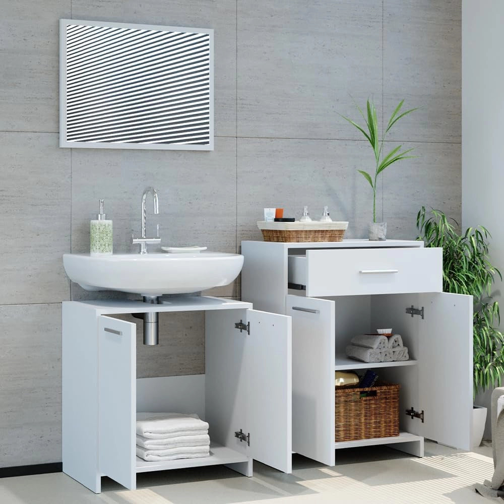 Set mobili bagno Kiko, Bianco, 58 cm, composto da mobile sottolavabo, specchiera e mobile medio