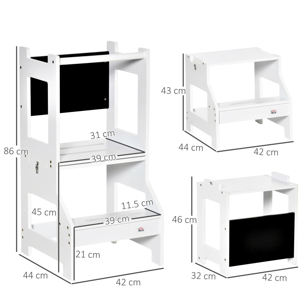 Scala Montessori 2 in 1 con Sgabello e Lavagna ¨C Xylo ¨C MDF Bianco per Bambini 3-6 Anni