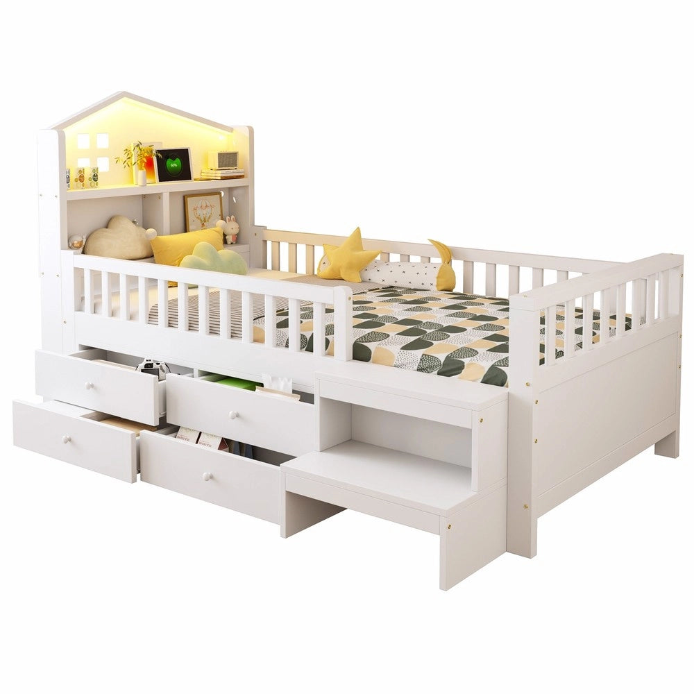 Letto Singolo per Bambini con LED, Cassetti e Rete a Doghe ¨C MINIMAL ¨C Bianco 90x200