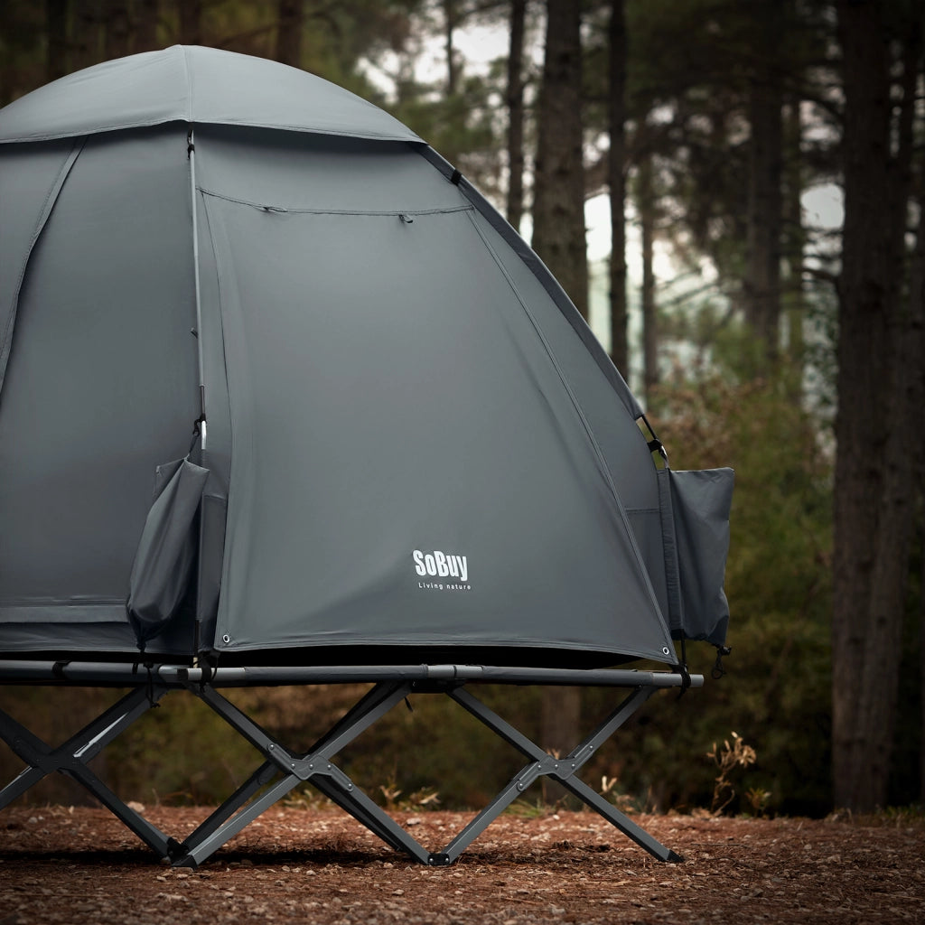 SoBuy Lettino da campeggio Brandina da esterno Tenda antipioggia portatile Starry Sky con tasche porta scarpe Tenda 3 in 1 per 2 persone Grigio 193x145x188 cm OGS32-L-HG