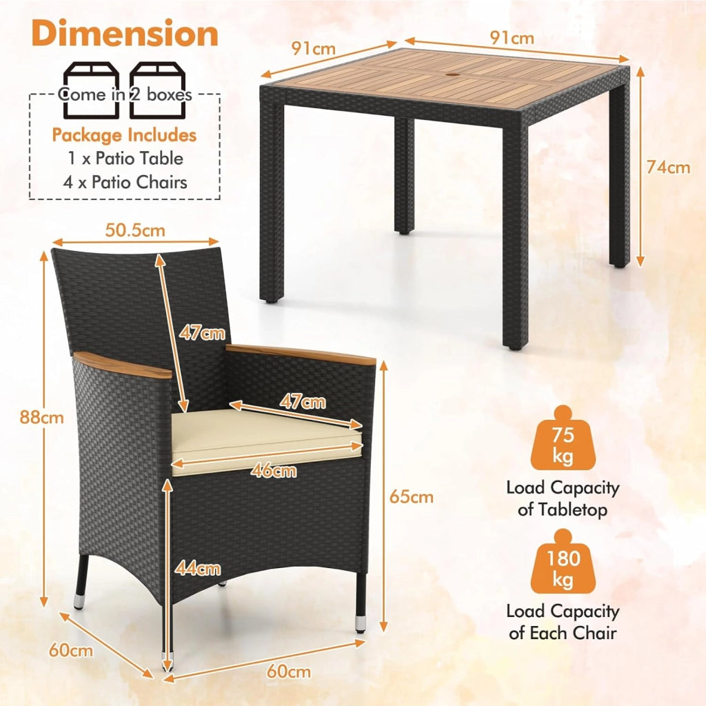 Set di mobili da giardino in rattan, 4 sedie con tavolo, in rattan, per esterni, terrazze, mobili da balcone, set per 4 persone, set da giardino