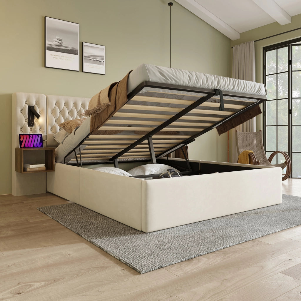 LETTO Contenitore 160x200 cm Beige Velluto con materasso incluso e 2 comodini
