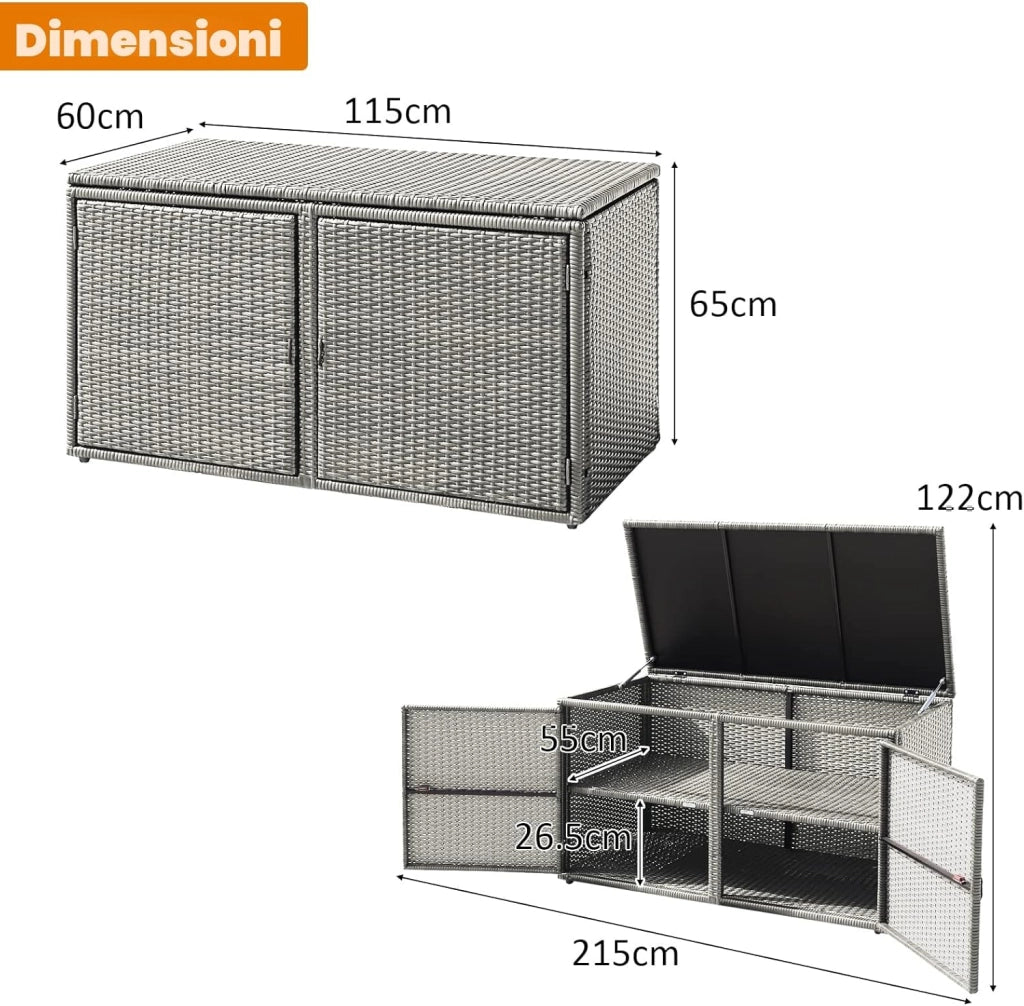 Cassapanca Contenitore da Esterno da 330L in Rattan, Telaio in Acciaio, Baule da Giardin Resistente ai Raggi UV, Mobile Balcone Impermeabile a 2 Ripiani per Cortile, 115x60x65 cm (Grigio)