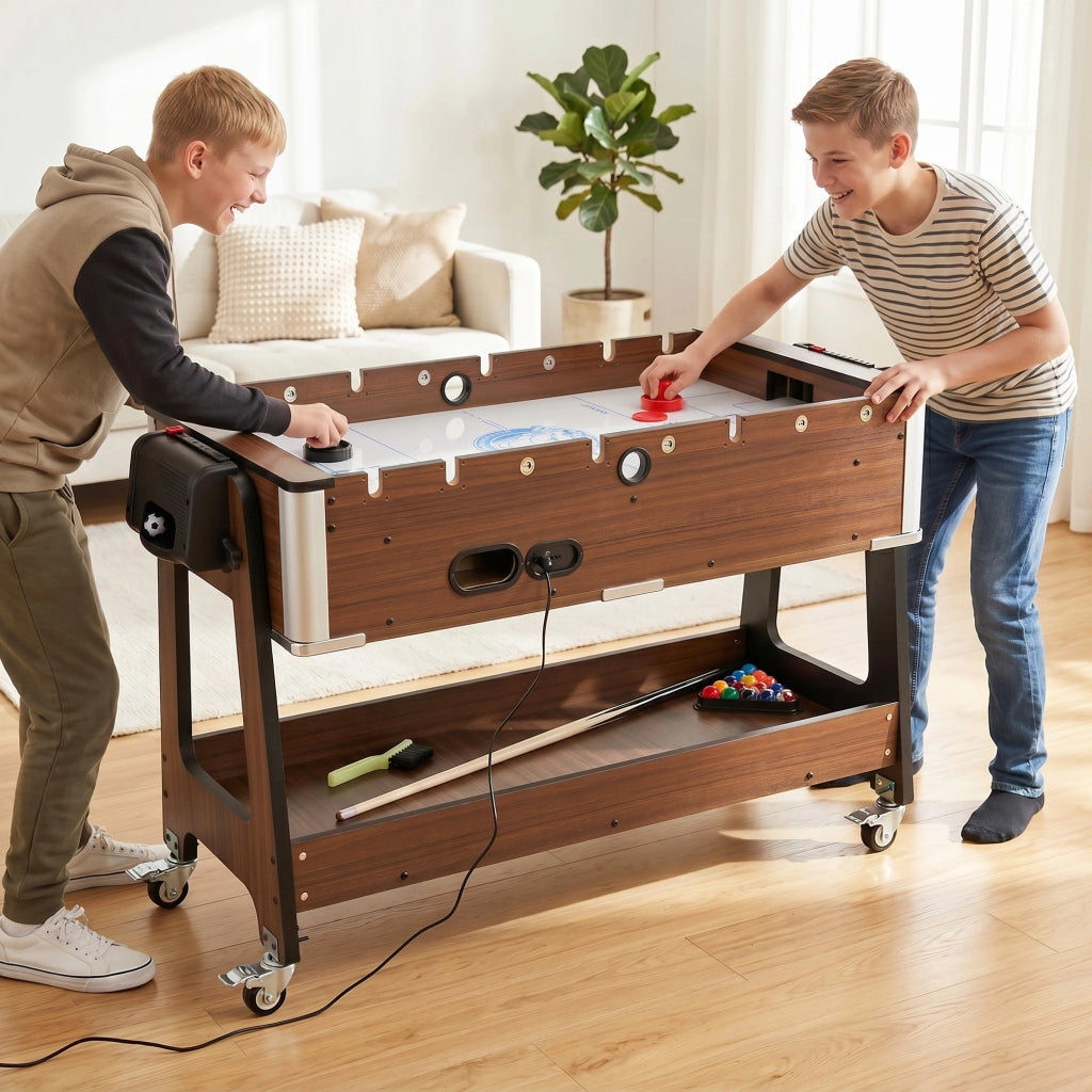 Tavolo da Gioco 3 In 1 Air Hockey Biliardo Calcio Balilla 102,5x61,5x65 cm Ruote Bloccabili Ripiano in MDF Effetto Noce
