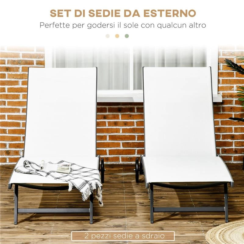 SET 2 LETTINI PRENDISOLE CON SCHIENALE RECLINABILE, IN ALLUMINIO E TESSUTO TRASPIRANTE, 66X165X102 CM, CREMA