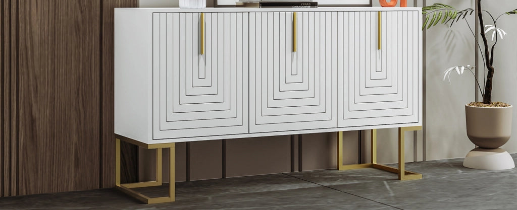 Sideboard moderno con 3 ante, ripiani regolabili, maniglie in metallo e base a U, bianco
