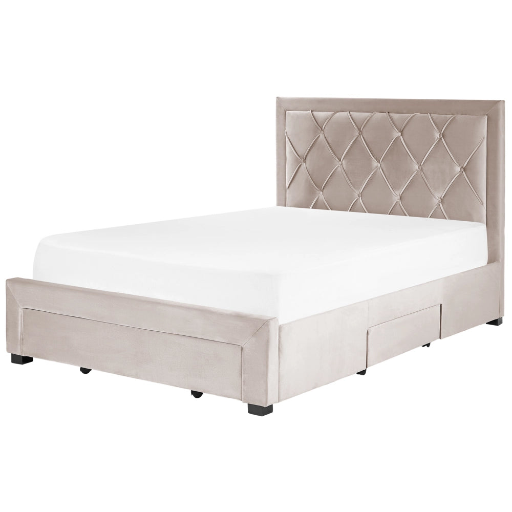 Letto contenitore tappezzeria in velluto beige 140 x 200 cm trapuntato testiera alta cassetti Glam Design